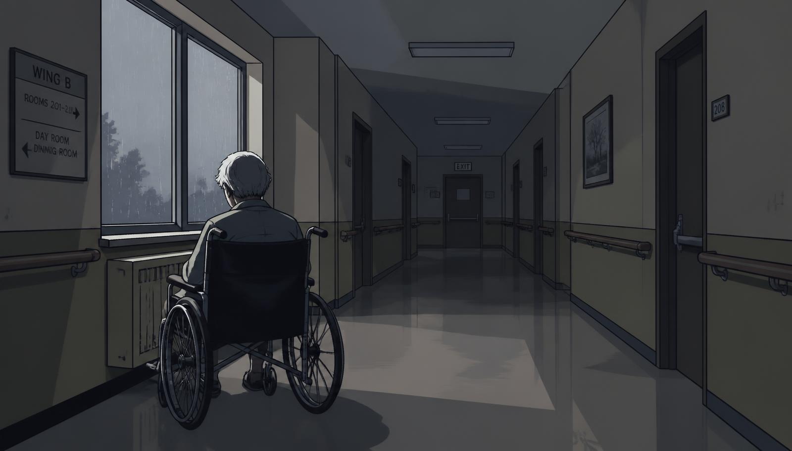 Leerer Pflegeheimflur mit Bewohnerin im Rollstuhl im Cel-Shading-Stil