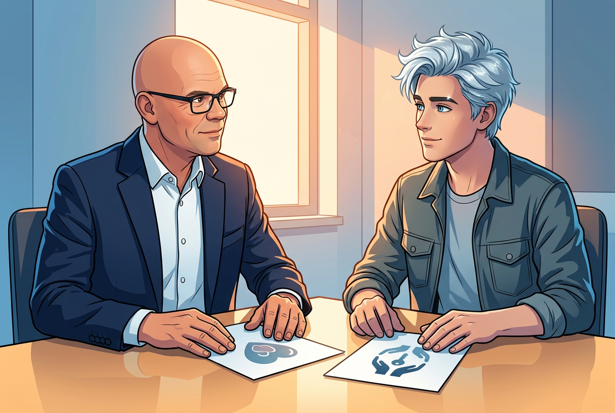 Herr Müller und Kael besprechen im Cel-Shading-Stil zwei wichtige Vorsorgedokumente