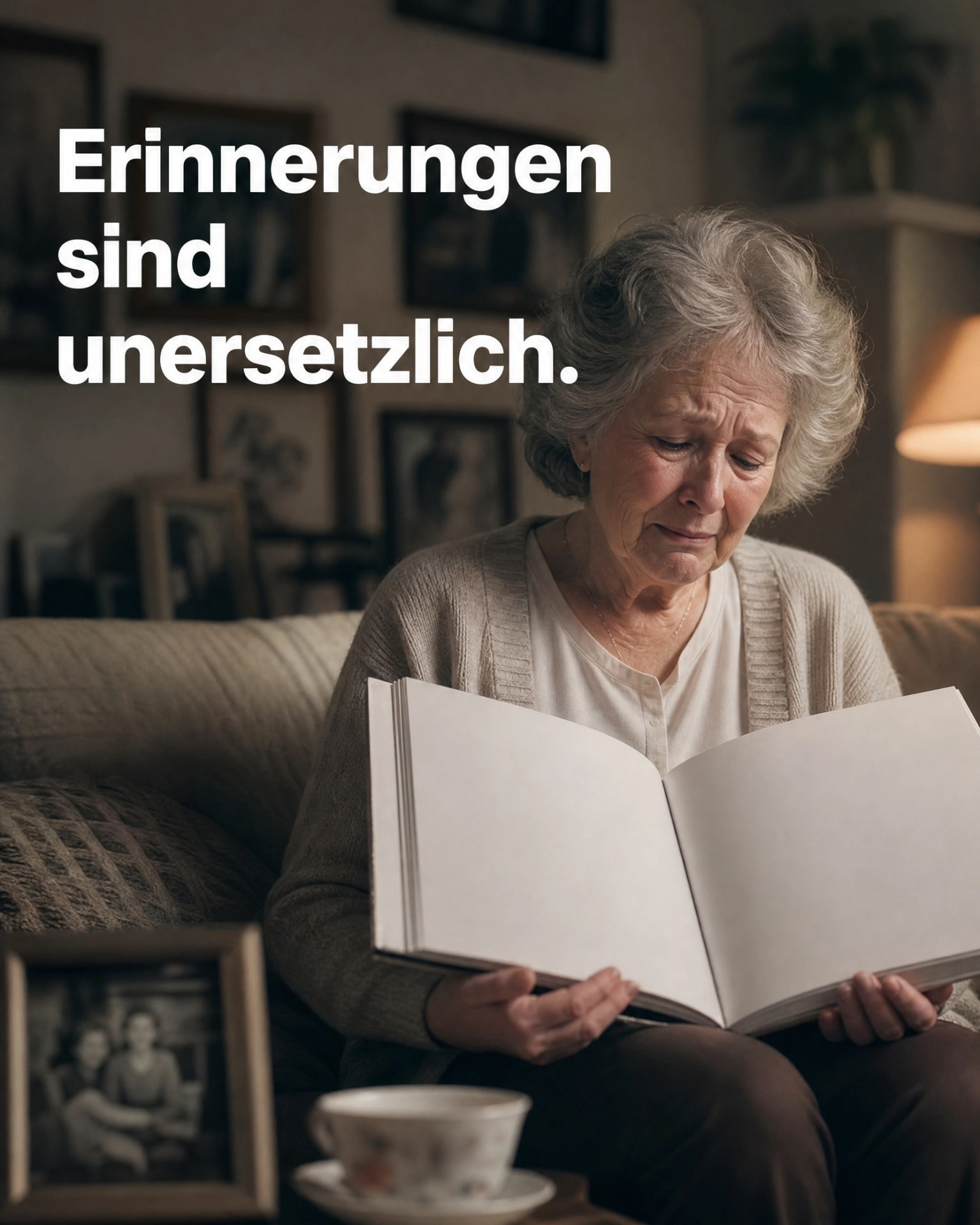 Ältere Frau blättert traurig in einem leeren Fotoalbum – Erinnerungen sind unersetzlich