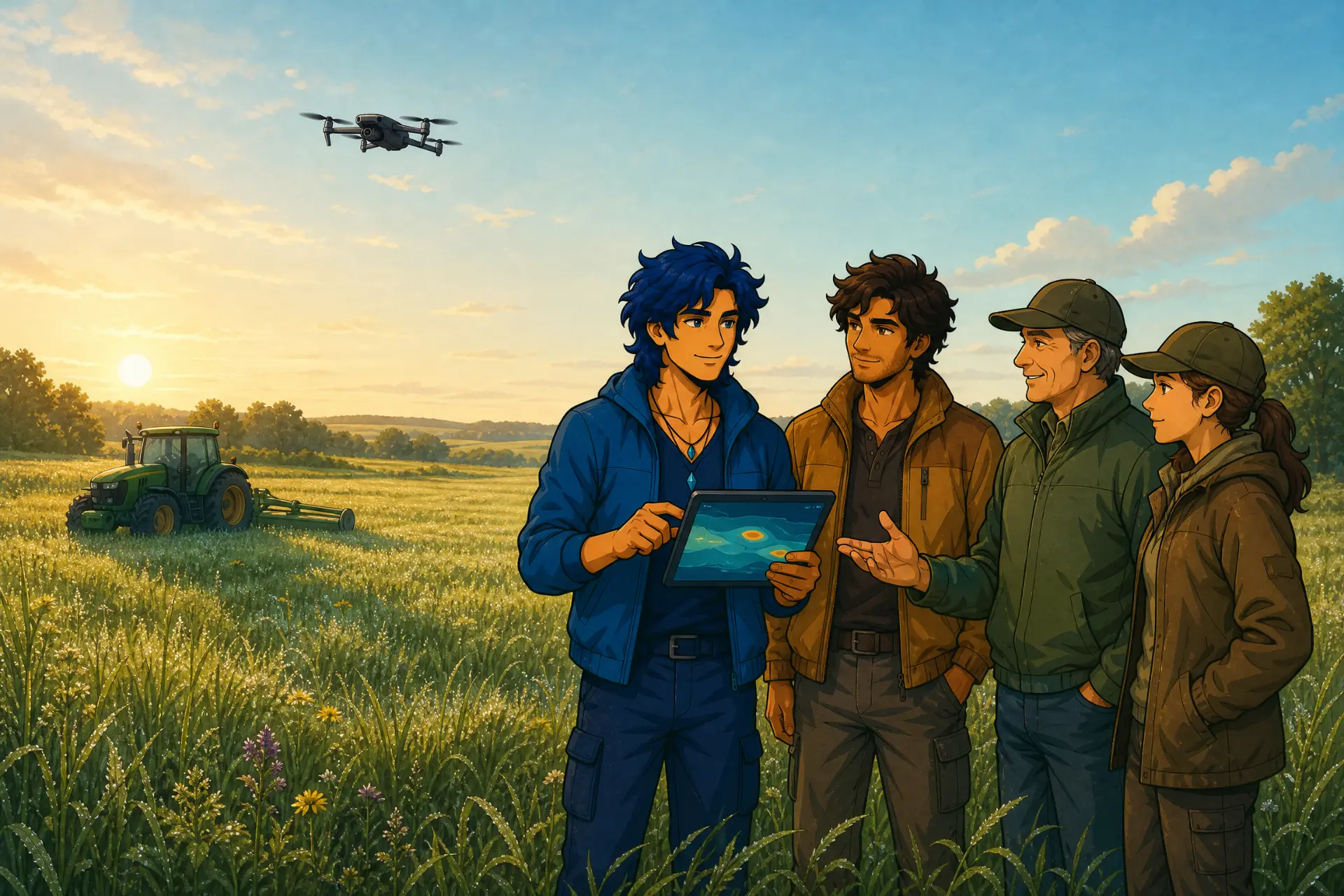 Lian zeigt Landwirten auf dem Feld Drohnendaten auf dem Tablet