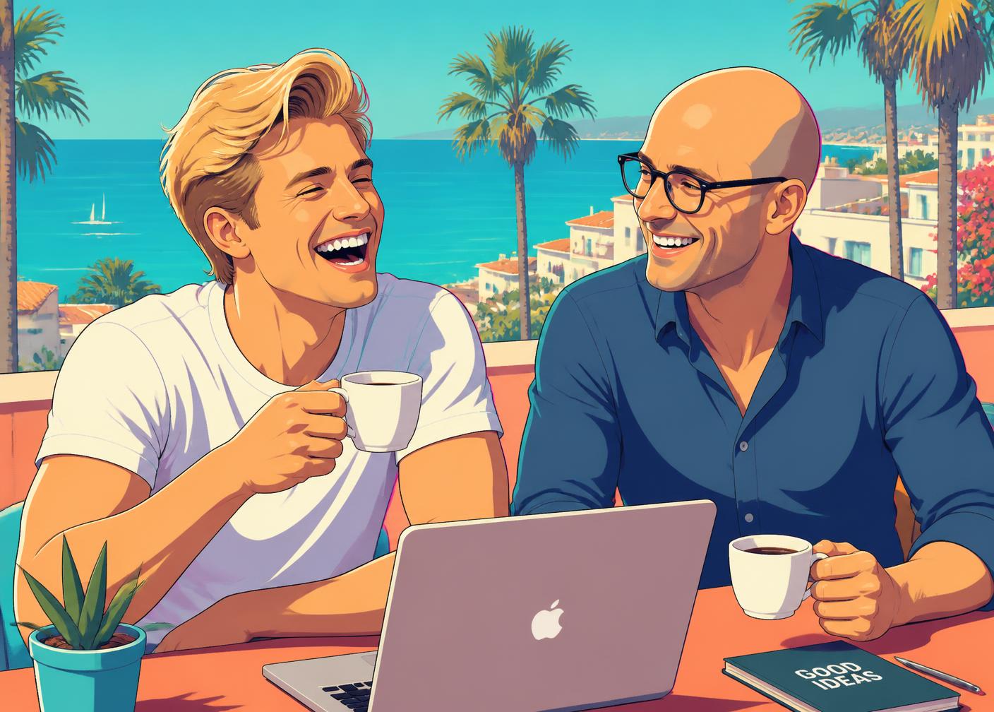 Zwei Männer lachen auf einer sonnigen Dachterrasse am Meer, Cel-Shading-Stil