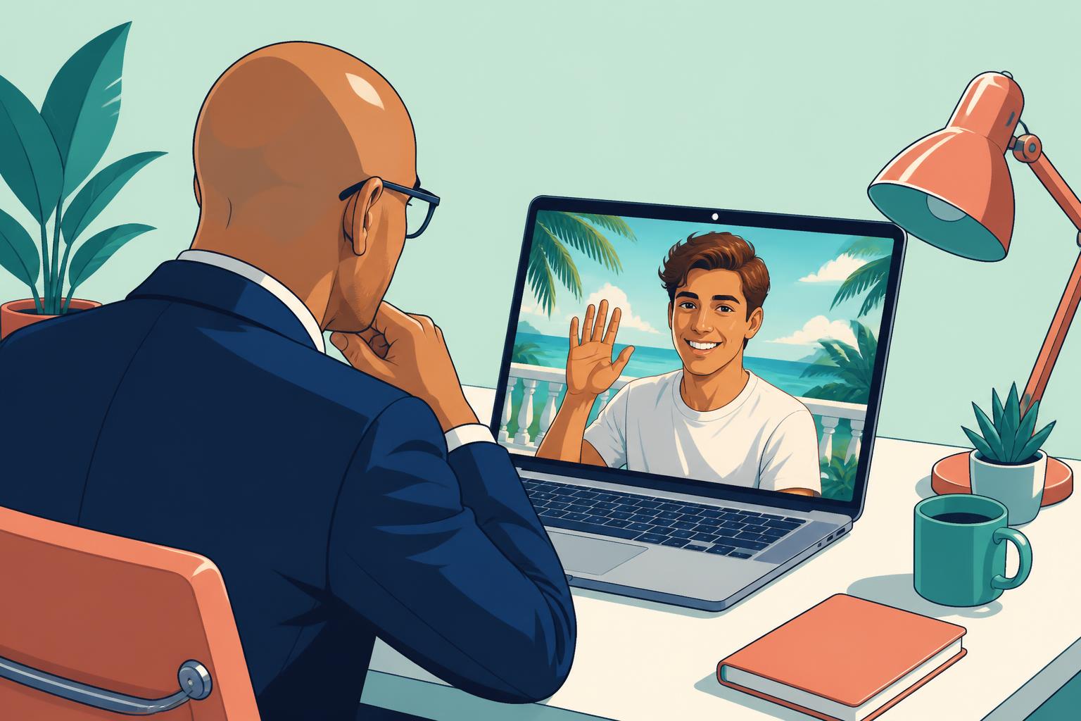 Berater mit Brille im dunklen Anzug im Videocall mit einem jungen Auswanderer auf einer sonnigen Balkonterrasse, Cel-Shading-Stil