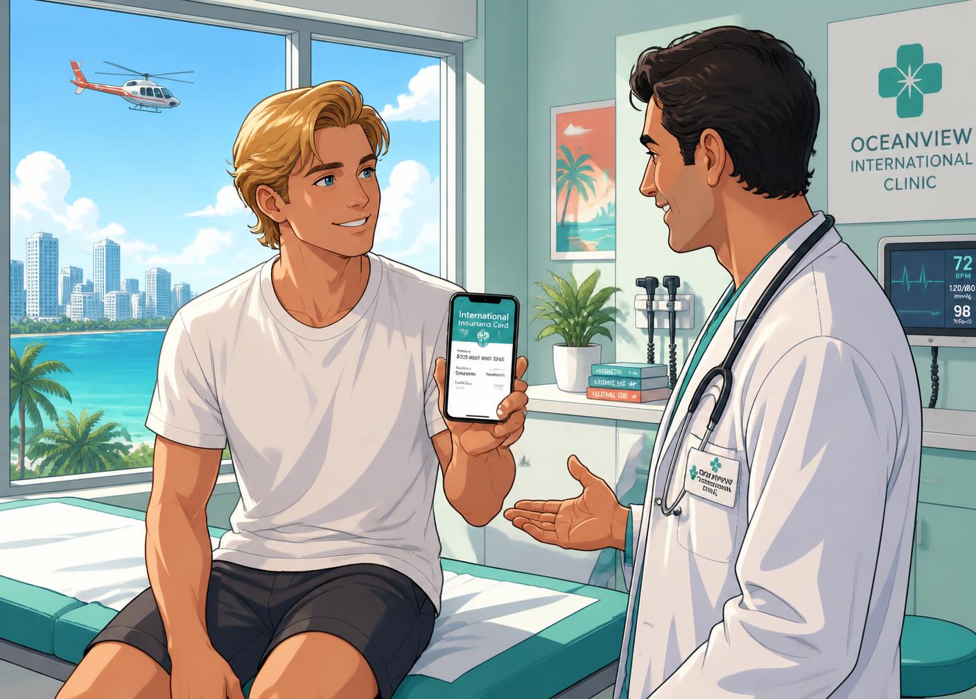 Junger Mann zeigt in einer internationalen Klinik seine digitale Versicherungskarte, Cel-Shading-Stil