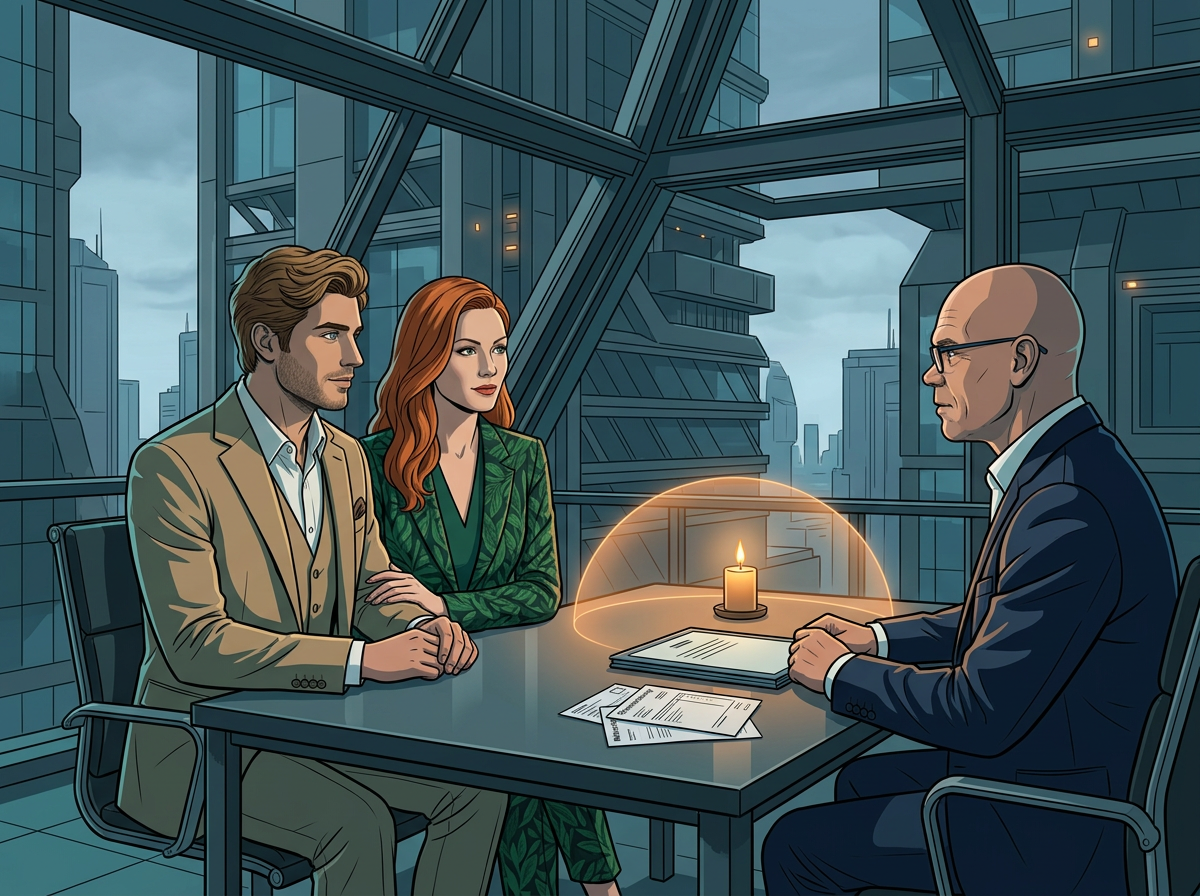 Drei Generationen besprechen im dystopischen Cel-Shading-Stil ihre Todesfallabsicherung